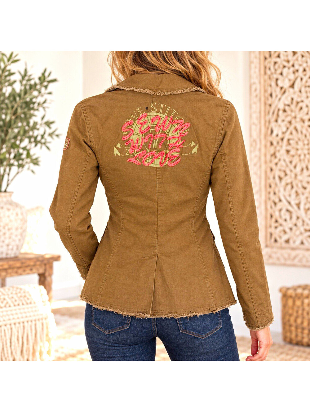 Love Stitch Sewn With Love Blazer Women Small Y2K Boho Embroidered Jacket
